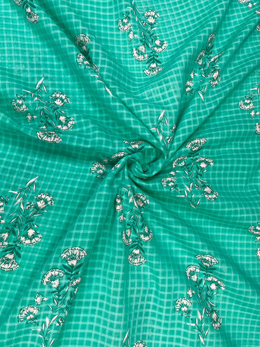 Sea Green Floral Kota Cotton Suit With Embroidered Bottom