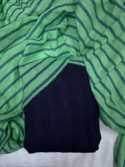 Dark Navy Modal Rayon Self Suit with Green Stripe Mal Cotton Dupatta