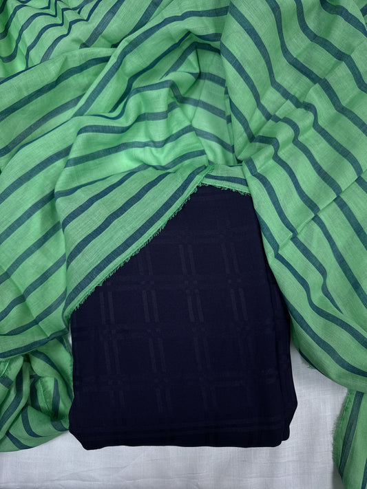 Dark Navy Modal Rayon Self Suit with Green Stripe Mal Cotton Dupatta