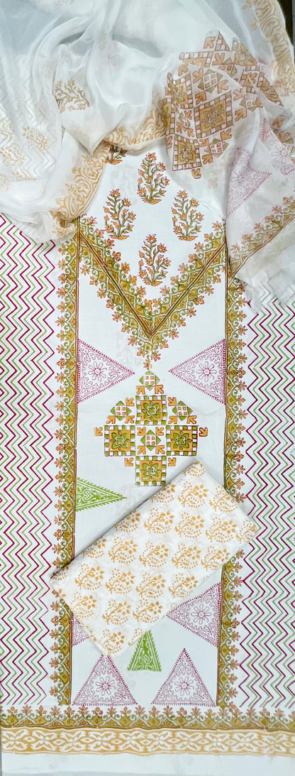 Ivory Multicolor Block Print Cotton Suit Set with Chiffon Dupatta