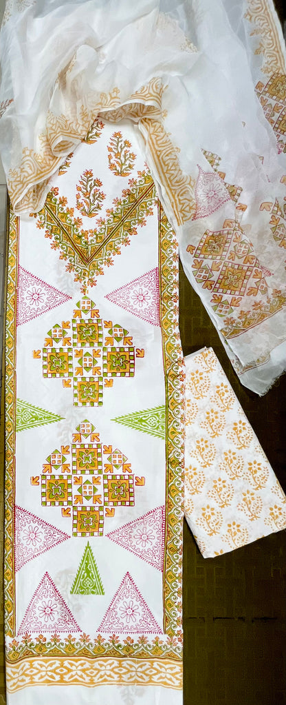 Ivory Multicolor Block Print Cotton Suit Set with Chiffon Dupatta