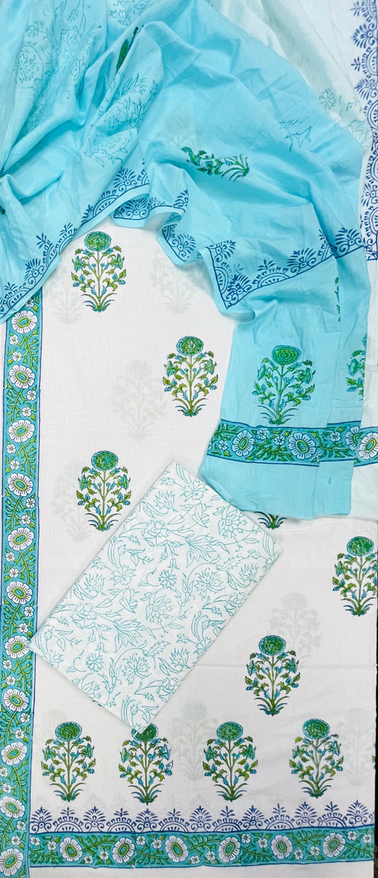 Premium Floral Block Print Cotton Suit Set with Sky Blue Ambra Dye Dupatta