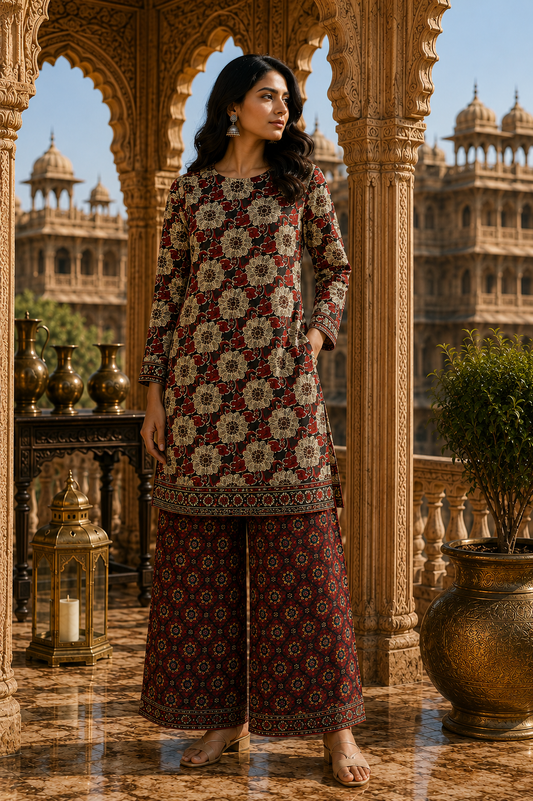 Rust Brown Floral Cotton Suit Set With Printed Bottom