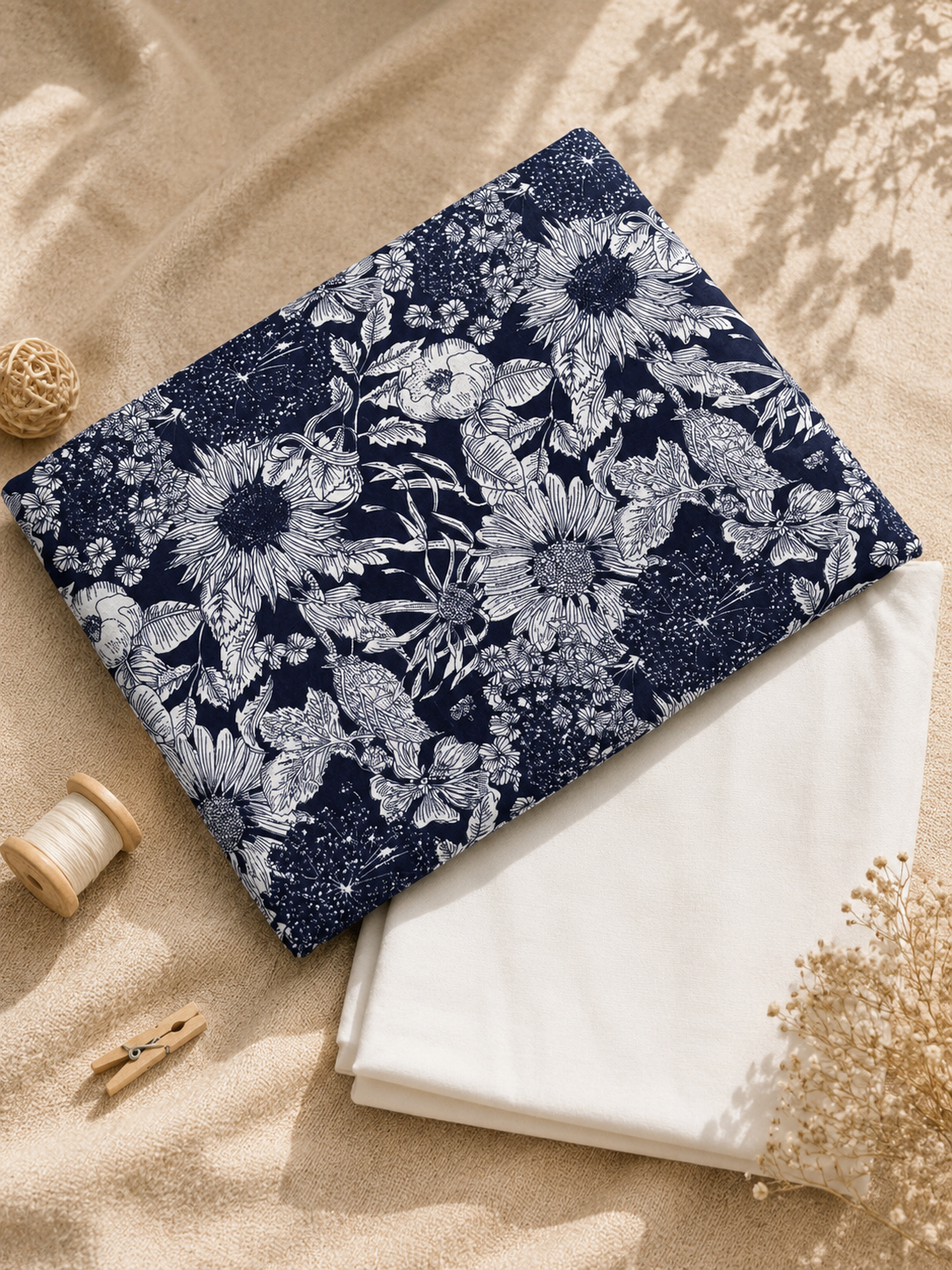 Navy floral fabric on a white fabric background with sand and beach elements.