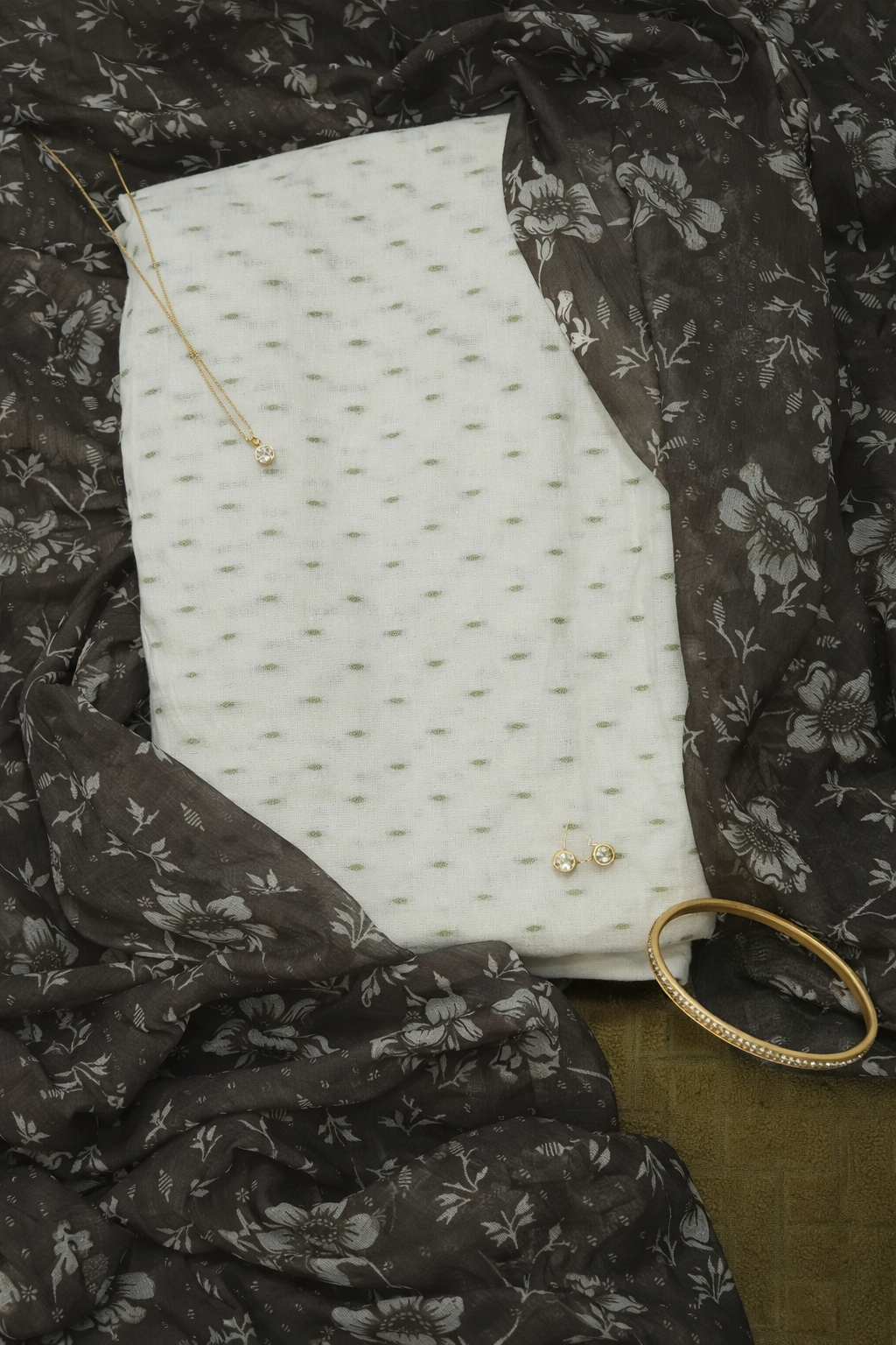 White Cotton Suit Set with Grey FloralChiffon Dupatta