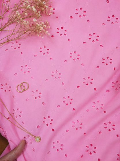 Luxury Candy Pink Cotton Schiffli Embroidered Fabric