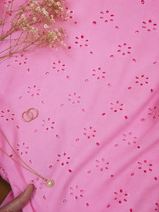 Luxury Candy Pink Cotton Schiffli Embroidered Fabric
