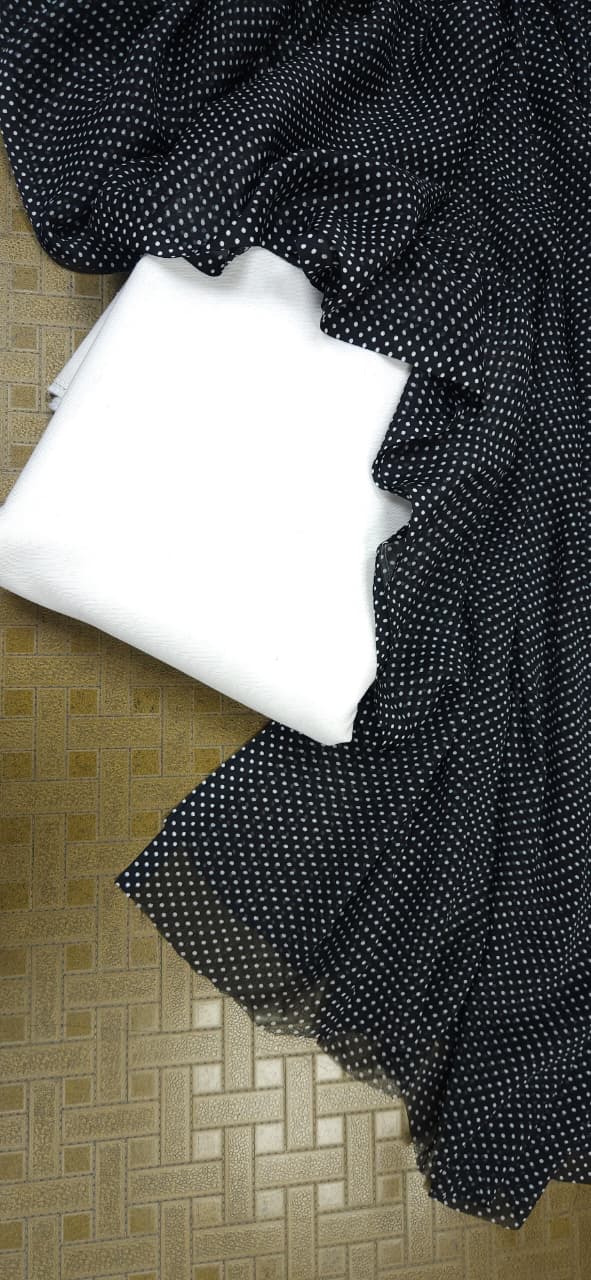 Cotton linen white suit with polka dot pure chiffon dupatta