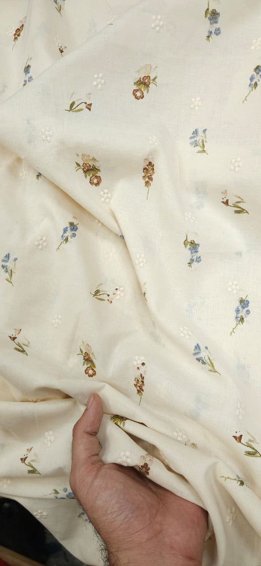 Cream Floral Cotton Embroidery Fabric