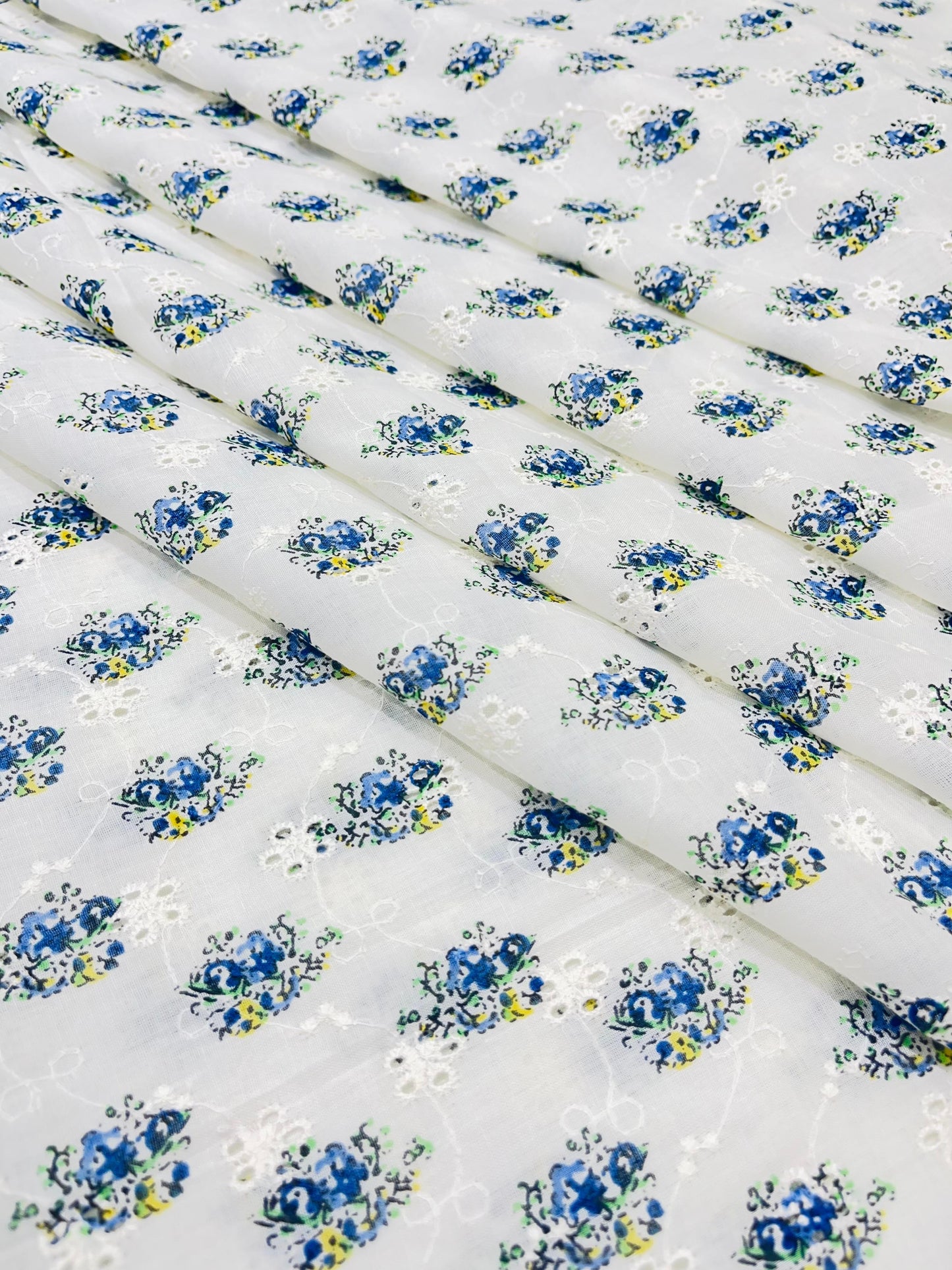 Blue Blossom Printed Schiffli Cotton Fabric