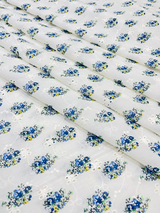 Blue Blossom Printed Schiffli Cotton Fabric