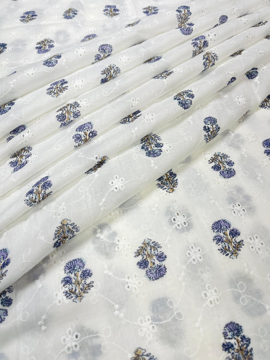 Indigo Blossom Printed Schiffli Cotton Fabric