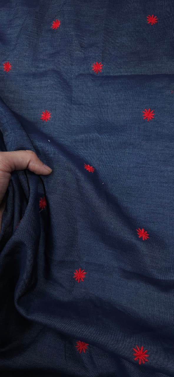 Silky Denim with Red Embroidery Cotton Denim Fabric