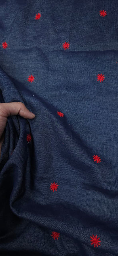 Silky Denim with Red Embroidery Cotton Denim Fabric