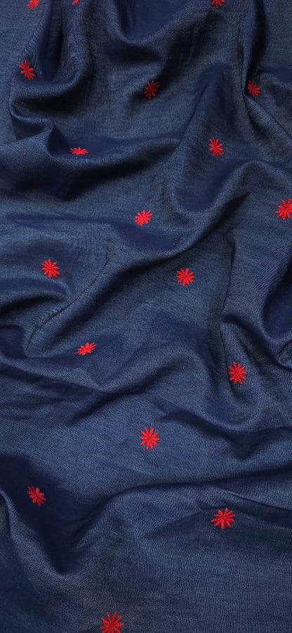 Silky Denim with Red Embroidery Cotton Denim Fabric