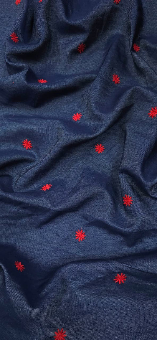Silky Denim with Red Embroidery Cotton Denim Fabric