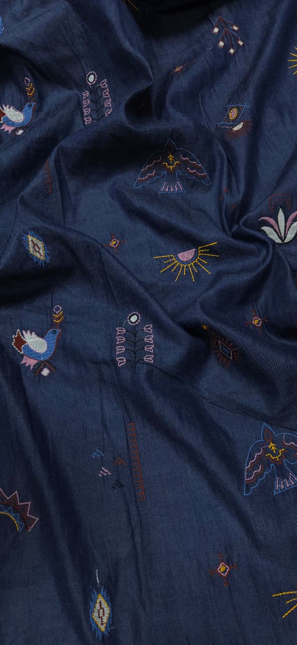 Modern Multi Print Embroidered Cotton Denim Fabric