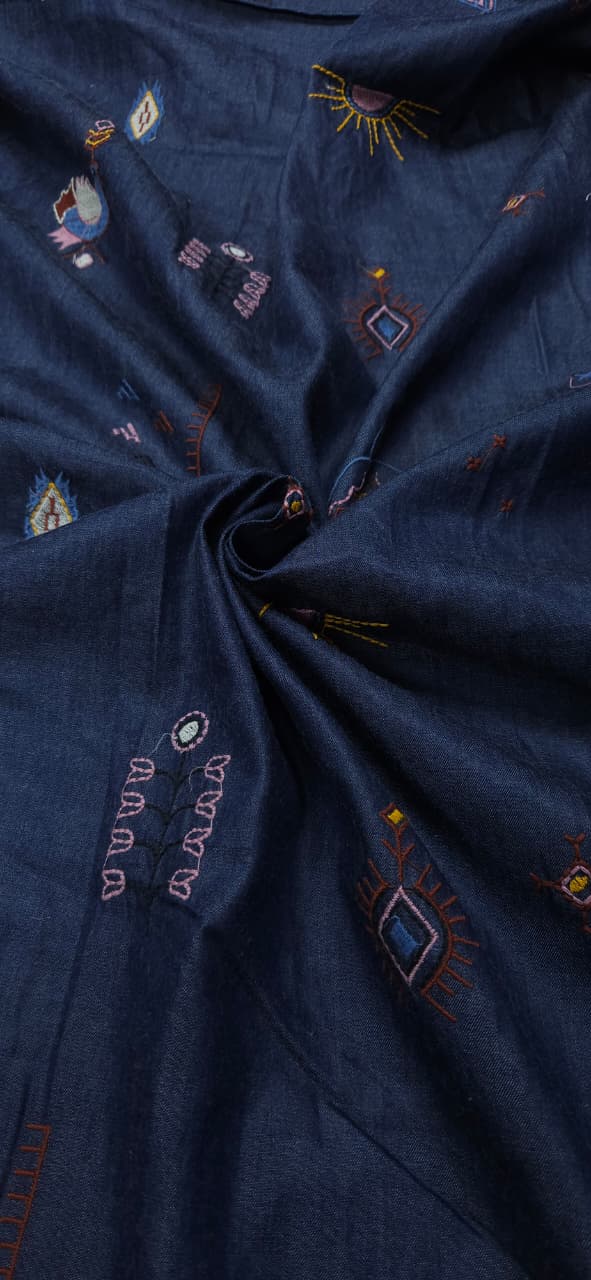 Modern Multi Print Embroidered Cotton Denim Fabric