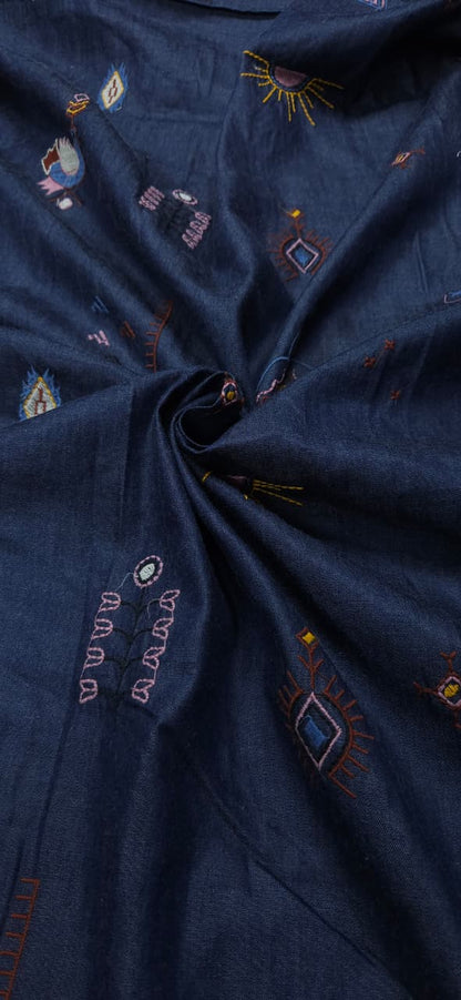 Modern Multi Print Embroidered Cotton Denim Fabric