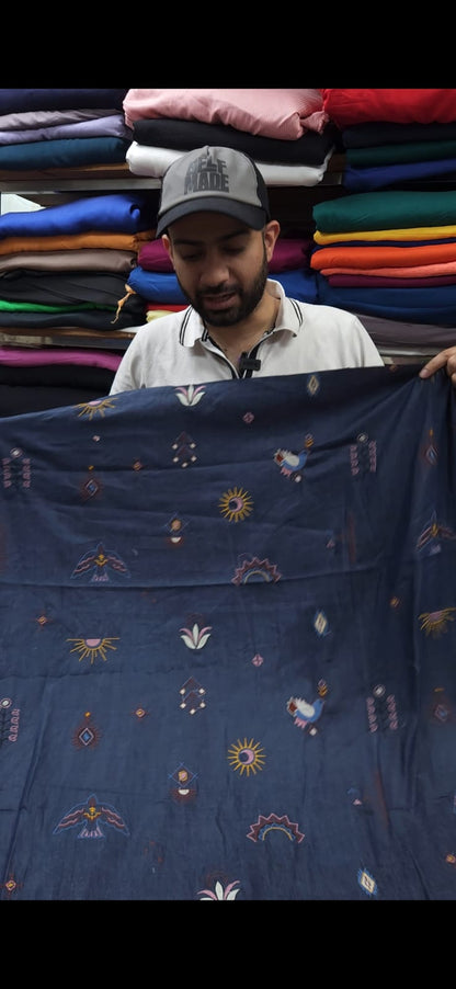 Modern Multi Print Embroidered Cotton Denim Fabric
