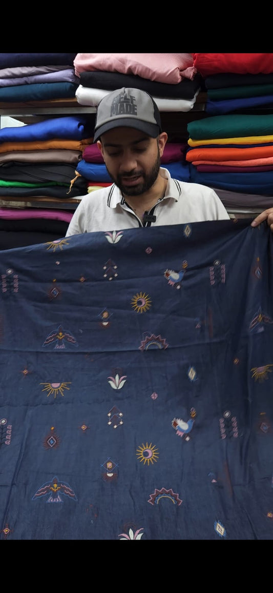 Modern Multi Print Embroidered Cotton Denim Fabric