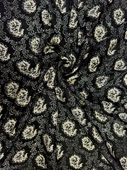 Black Floral Matka Silk Fabric