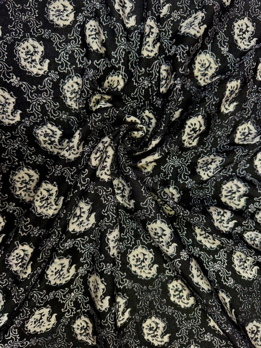 Black Floral Matka Silk Fabric