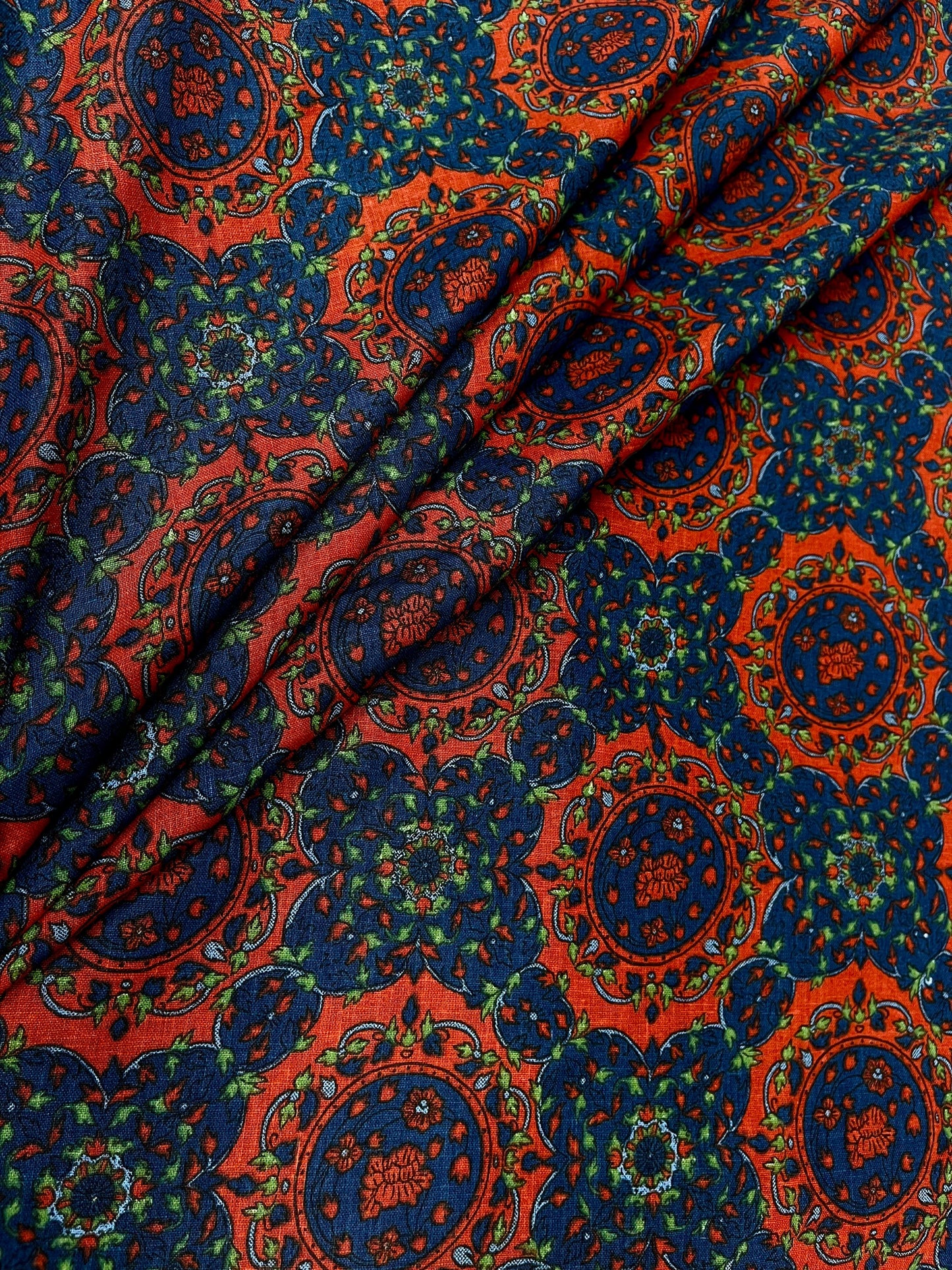 Vintage Indigo Paisley Print Linen Fabric