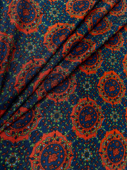 Vintage Indigo Paisley Print Linen Fabric