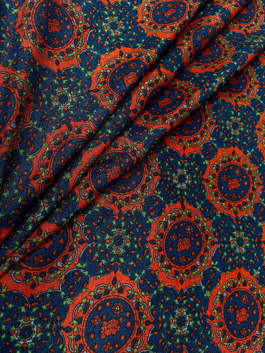 Vintage Indigo Paisley Print Linen Fabric