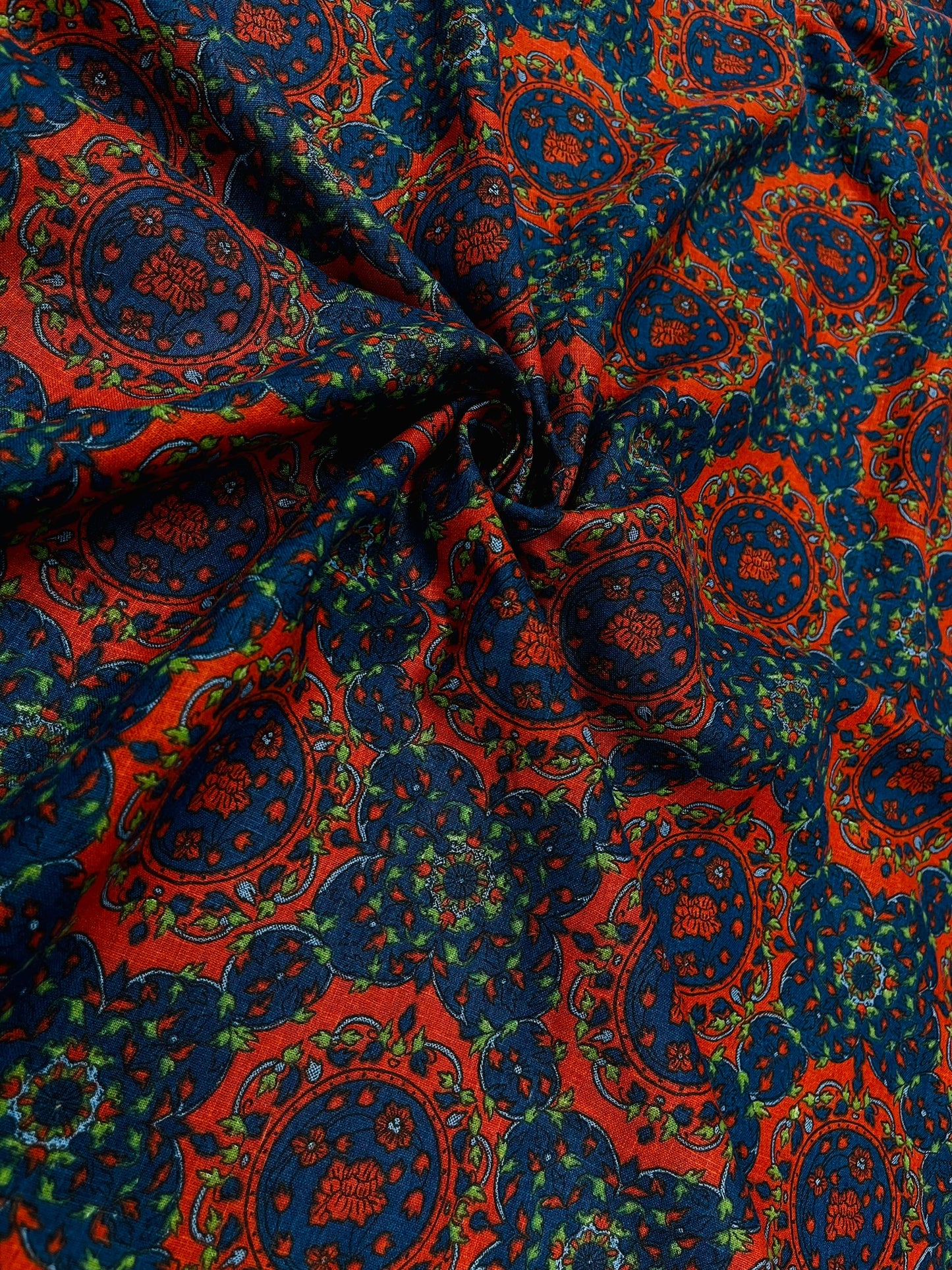 Vintage Indigo Paisley Print Linen Fabric
