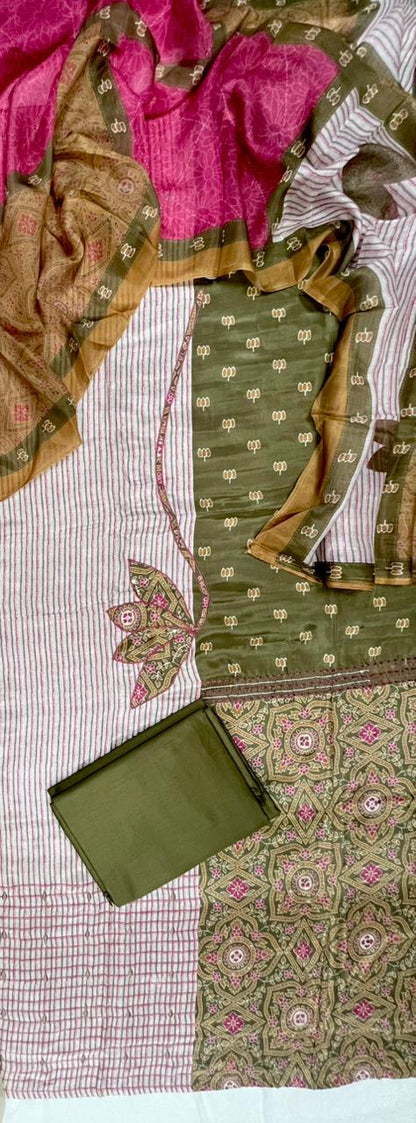 Olive Heritage Printed Cotton Suit Set Fabric with Cotton Muslin Dupatta (3-Piece)