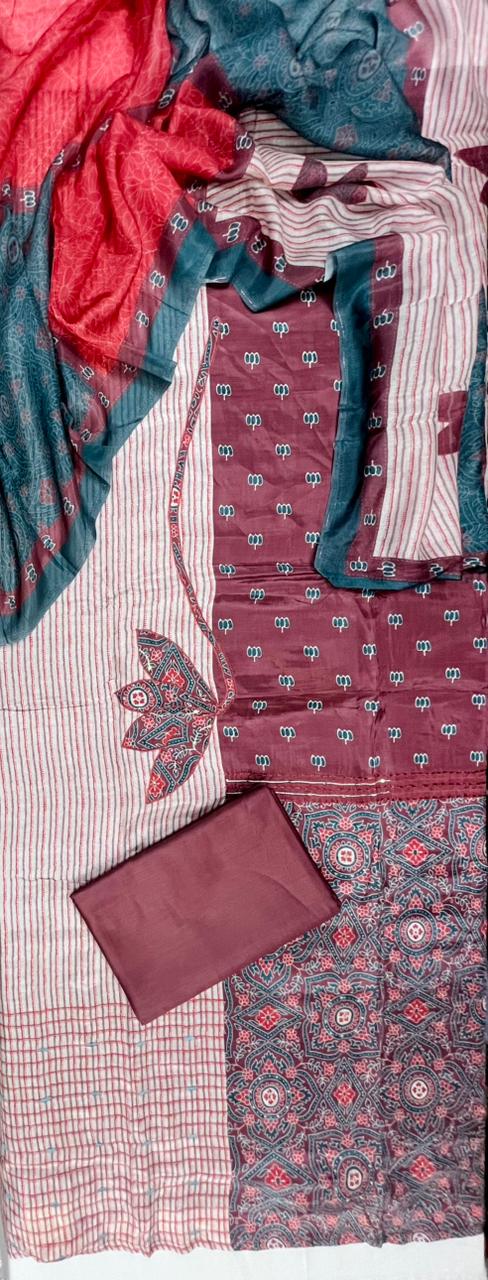 Wine Royale Printed Cotton Suit Set Fabric with Cotton Muslin Dupatta (3-Piece)