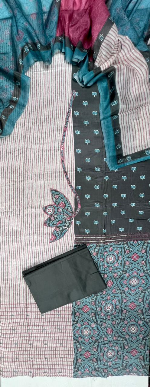 Charcoal Teal Fusion Cotton Suit Set Fabric with Cotton Muslin Dupatta (3-Piece)