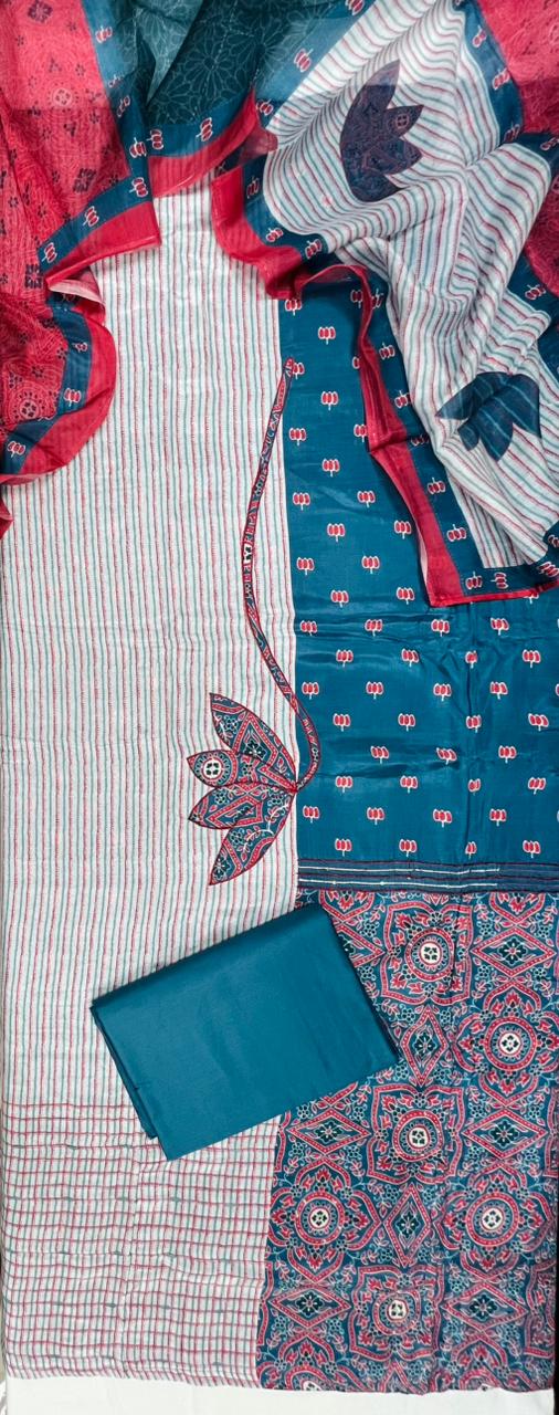 Ocean Ruby Printed Cotton Suit Fabric Set with Cotton Muslin Dupatta (3-Piece)