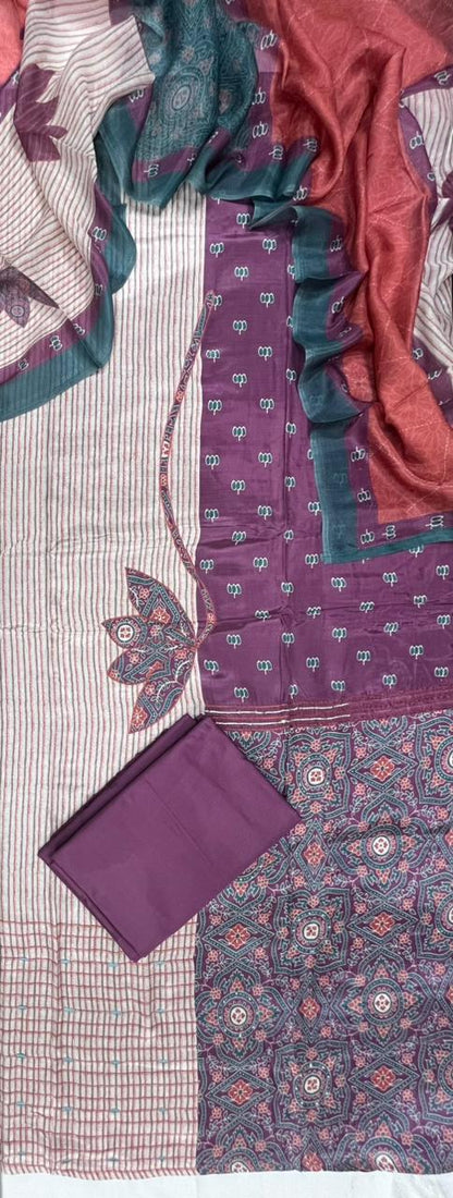 Mulberry Teal Heritage Cotton Suit Fabric Set with Cotton Muslin Dupatta (3-Piece)