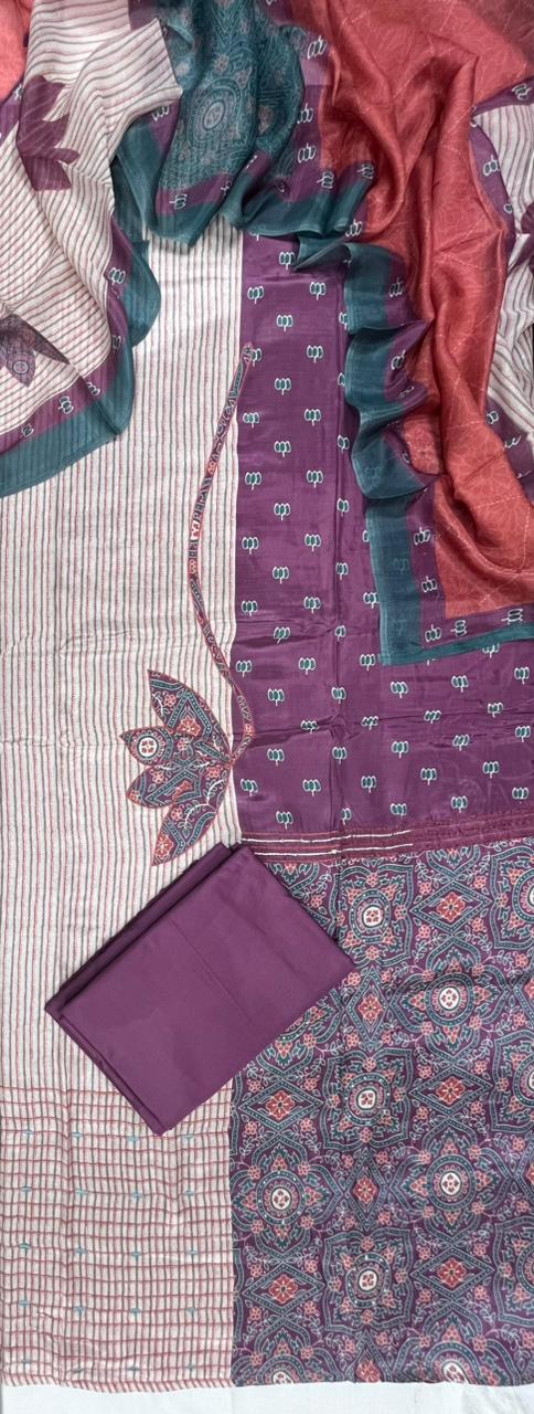 Mulberry Teal Heritage Cotton Suit Fabric Set with Cotton Muslin Dupatta (3-Piece)