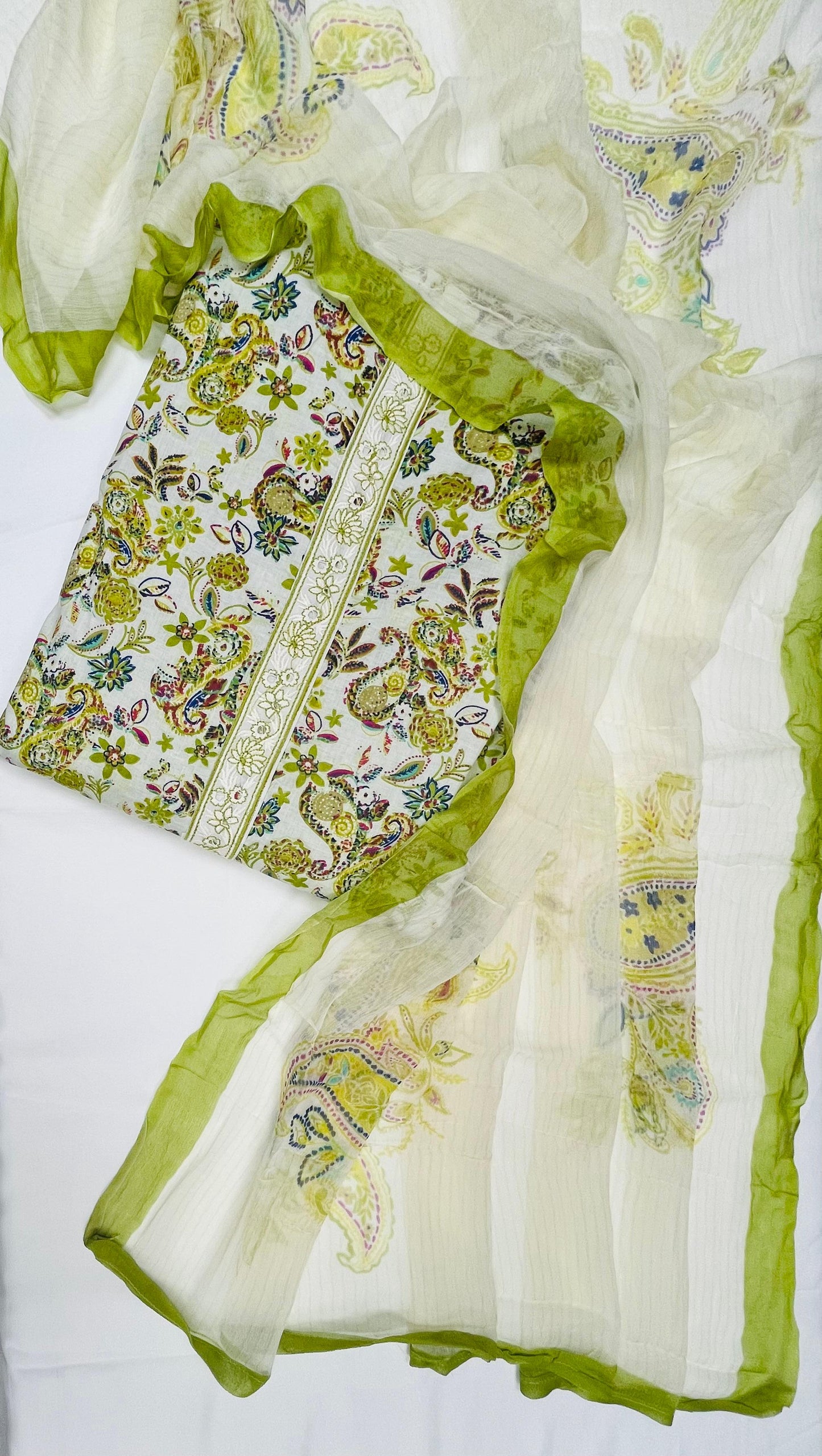 Ivory Olive Paisley Cotton Suit Set Fabric with Pure Chiffon Dupatta (3-Piece)