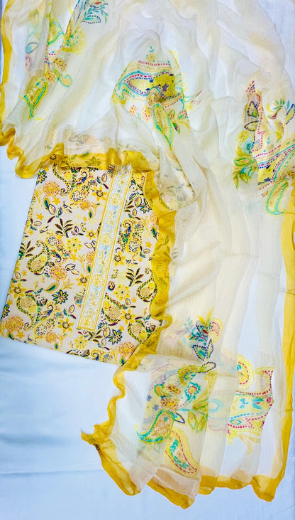 Off-White & Mustard Paisley Cotton Suit Set Fabric with Chiffon Dupatta (3-Piece)