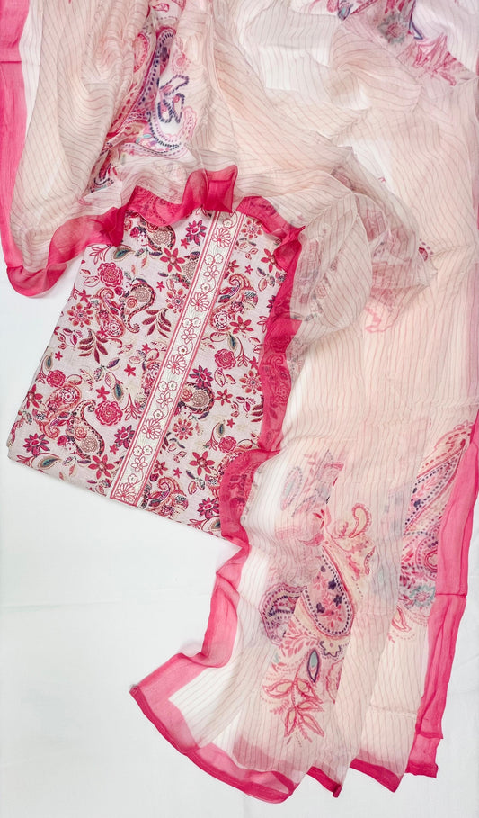 Ivory Pink Paisley Cotton Suit Set Fabric with Pure Chiffon Dupatta (3-Piece)