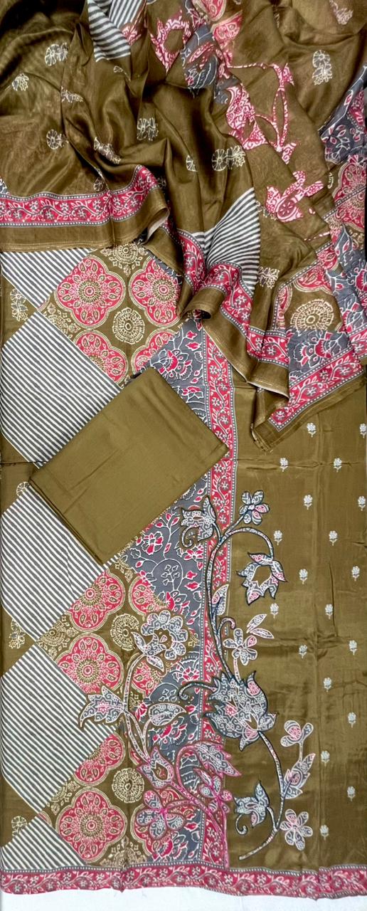 Earthy Bloom Ethnic Cotton Suit Fabric Set with Cotton Muslin Dupatta (3-Piece)
