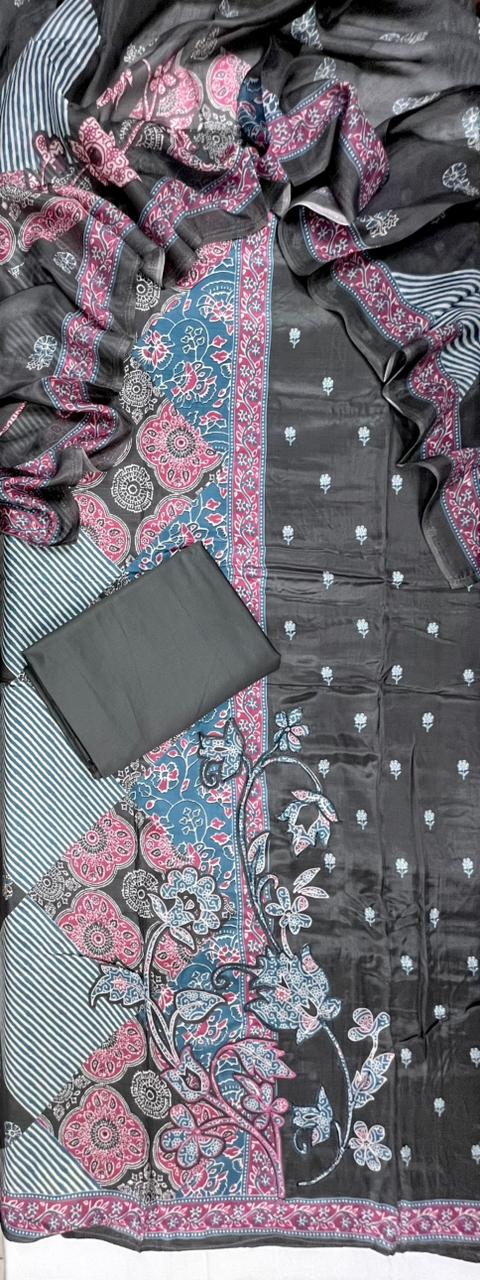 Charcoal Bloom Printed Cotton Suit Set Fabric with Cotton Muslin Dupatta (3-Piece)