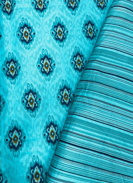 Turquoise Ikat Print Cotton Cambric Fabric 44 Inch Width