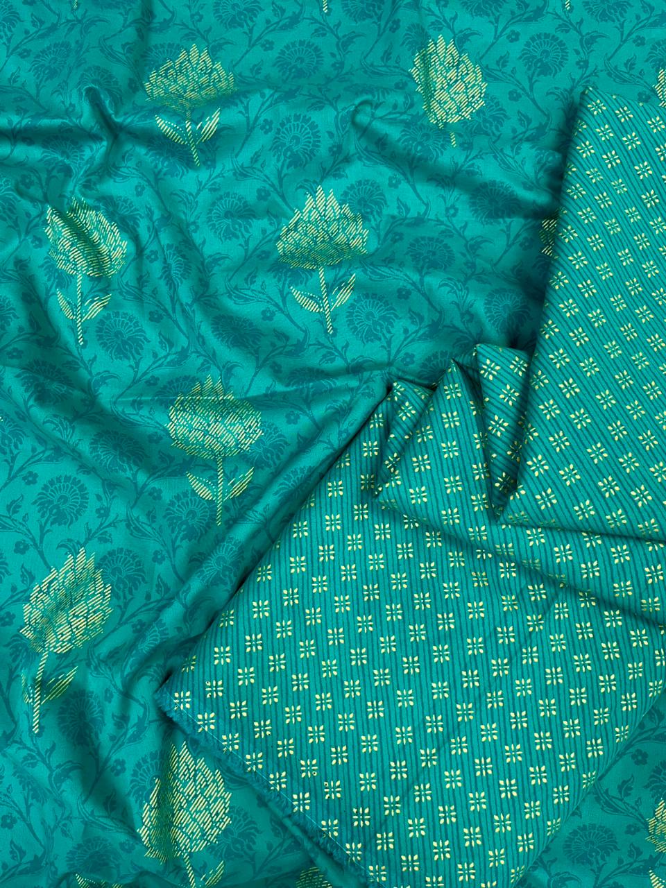 Emerald Teal Ethnic Floral Cotton Cambric Suit Set – 60” Width