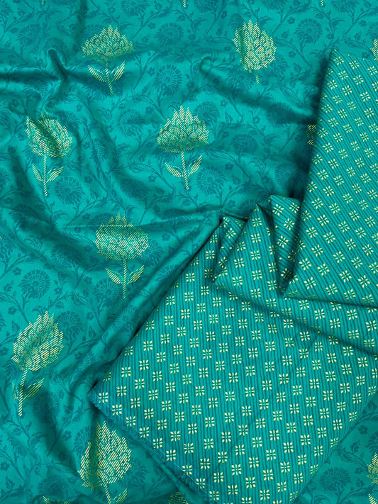 Emerald Teal Ethnic Floral Cotton Cambric Suit Set – 60” Width