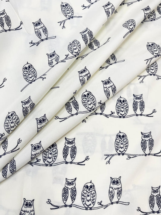 Cute Owl Sketch Premium Rayon Fabric