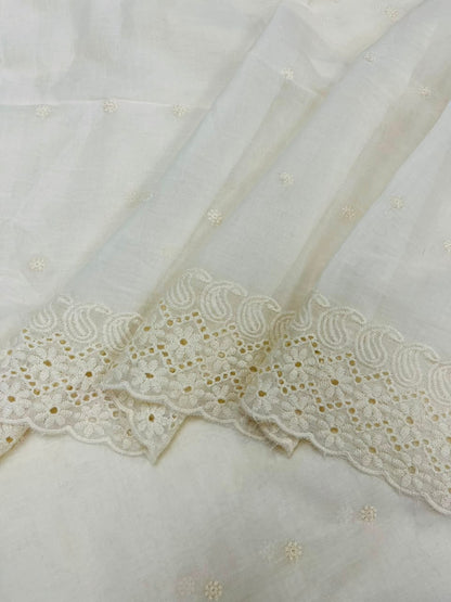Off White Cotton Schiffli Fabric with Floral Scalloped Border