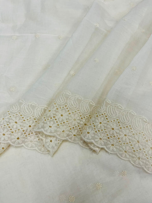 Off White Cotton Schiffli Fabric with Floral Scalloped Border