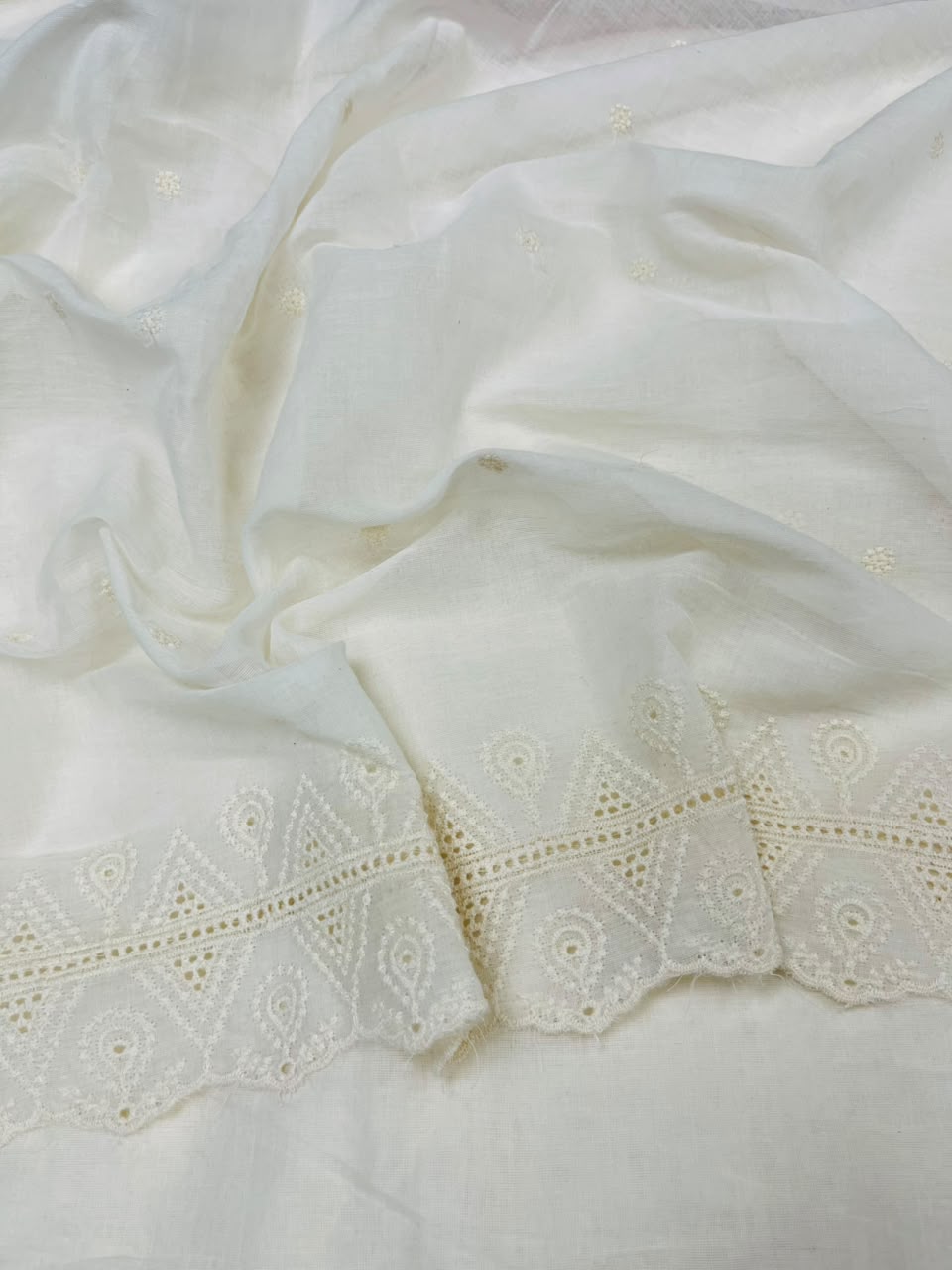 Off White Cotton Schiffli Fabric with Heavy Embroidered Border