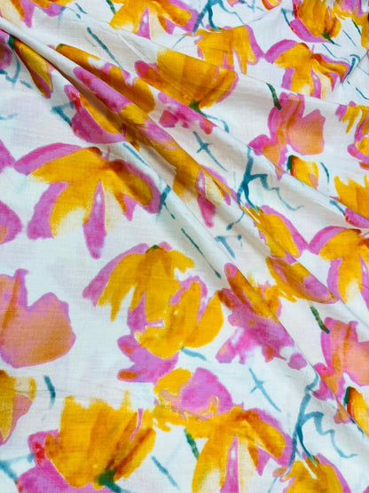 Yellow n Pink Drop Floral Printed Linen fabric
